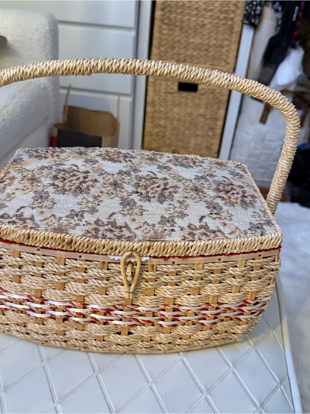 Vintage Penney's Fashion Wicker Sewing Basket with Floral Lid Cottagecore